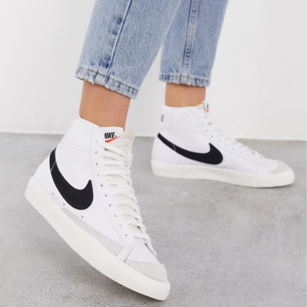 Nike Blazer Mid '77 Sneakers Vintage Style Hi Top Lace Up Leather White Black 10